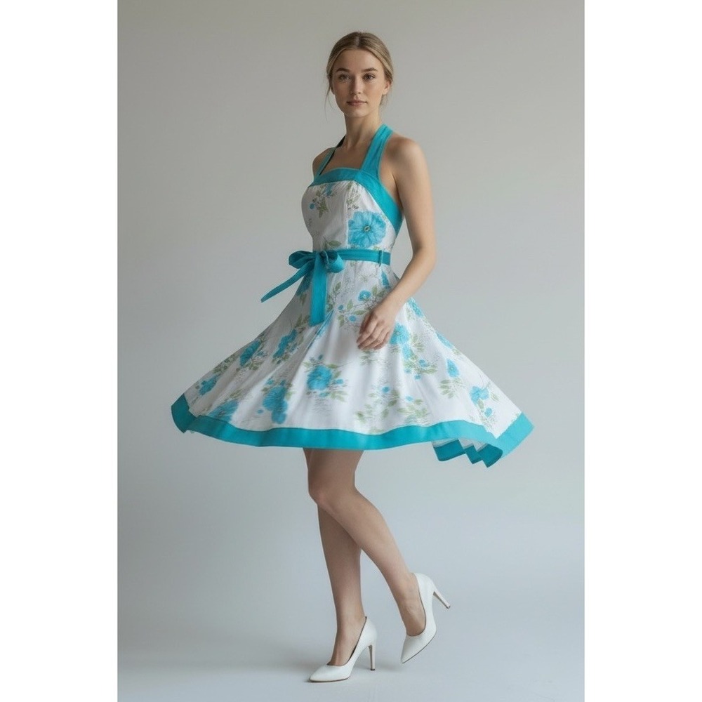 Halter Dress Pinup Swing Dance Blue Floral Crinoline Rockabilly 50s Small NEW